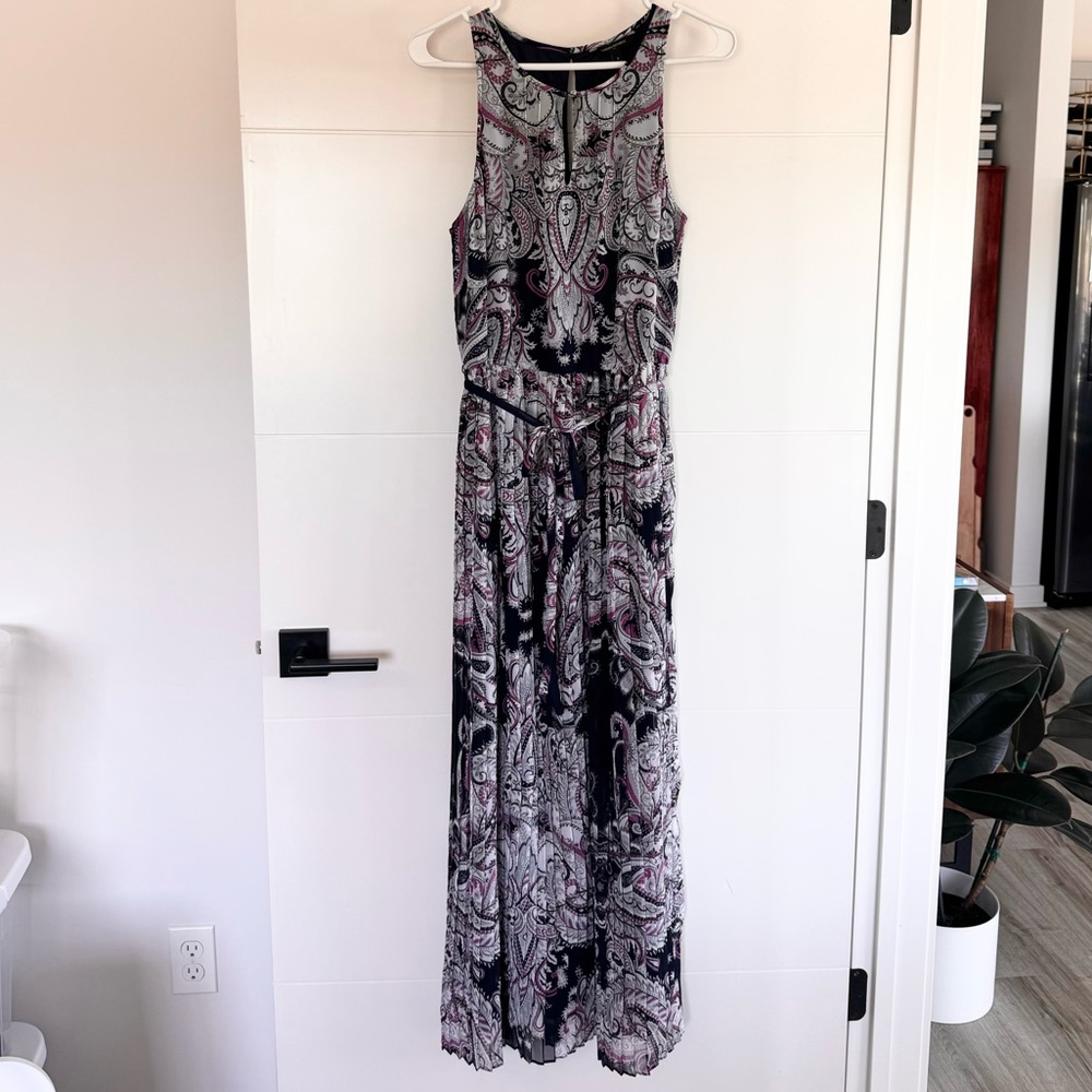 Banana Republic navy, grey, and pink paisley print maxi dress